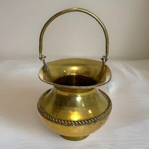 Vintage Solid Brass Vase Basket Rope Twist Accent Hinged Handle Made In India